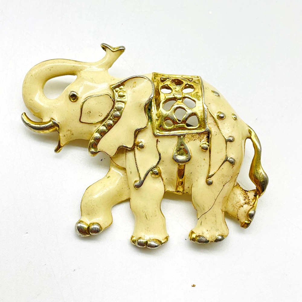 Cream Enamel Elephant Brooch Gold Tone Trunk Up Decorative Saddle Animal Pin